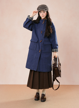 日系复古连帽呢料牛角扣大衣女2025新款中长款宽松蓝色毛呢外套冬