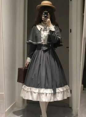 【灰纹领结】灰纹 lo 裙套装灰色条纹连衣裙+斗篷套装高级感冬季