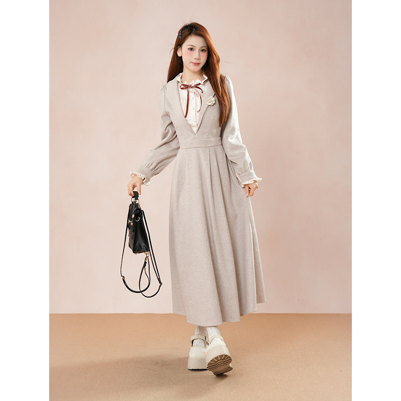 暖茶 自制法式学院风毛呢蝴蝶结荷叶边假两件灰色连衣裙秋季新款,女装/女士精品,连衣裙,淘宝优惠券,粉丝福利购,淘宝优惠卷
