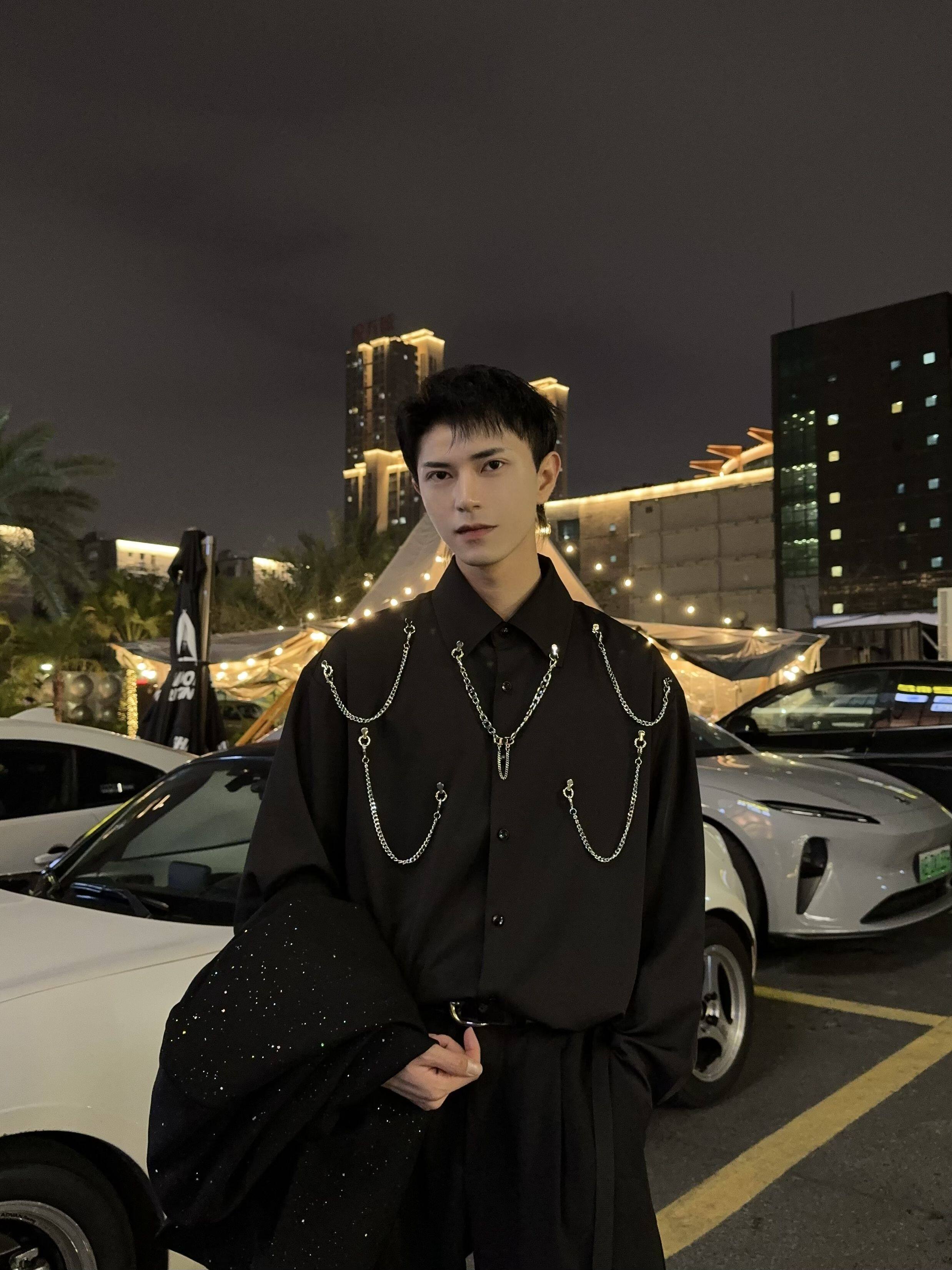 新款流行个性潮时尚宽松韩版长袖衬衫夜店发型师工艺设计男衬衣