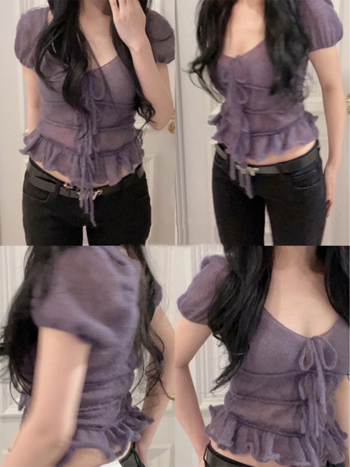 달콤한 뜨거운 여자 보라색 슬림 레이스 짧은 니트 스웨터 여성 여름 순수한 욕망 틈새 레이스 업 달콤한 퍼프 슬리브 탑