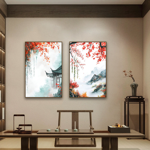 新中式书房装饰画流水生财禅意茶室挂画入户玄关水彩风风景壁画