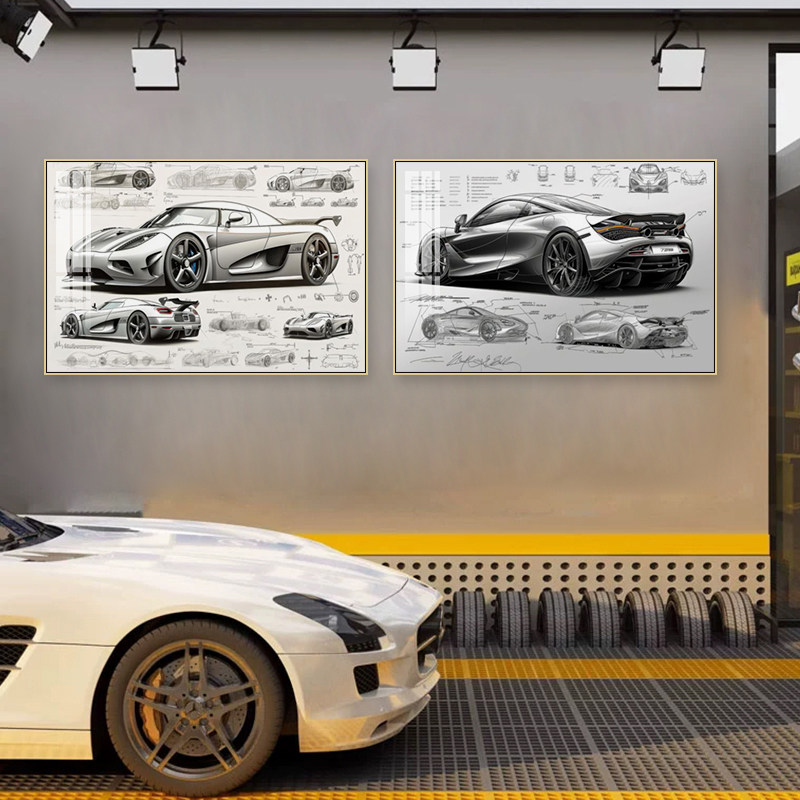 汽车手绘线稿图装饰画汽修厂4S美容店挂画跑车俱乐部名车壁画