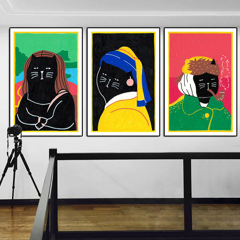 蒙娜丽莎挂画恶搞梵高戴珍珠耳环的少女装饰画客厅奶茶店猫咪壁画