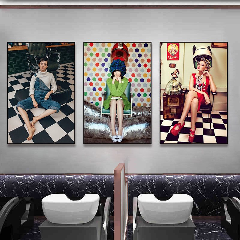 理发店装饰画复古美发店洗剪吹挂画发廊造型女发型手艺人发型壁画