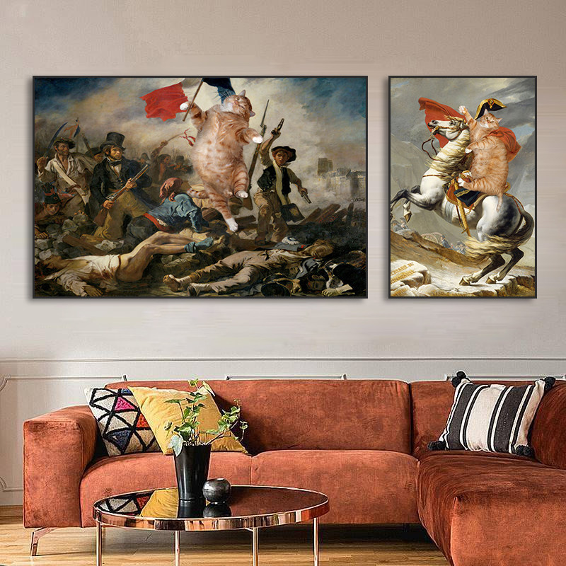 恶搞橘猫装饰画世界名画油画咖啡厅酒吧挂画小众艺术搞怪拿破仑画