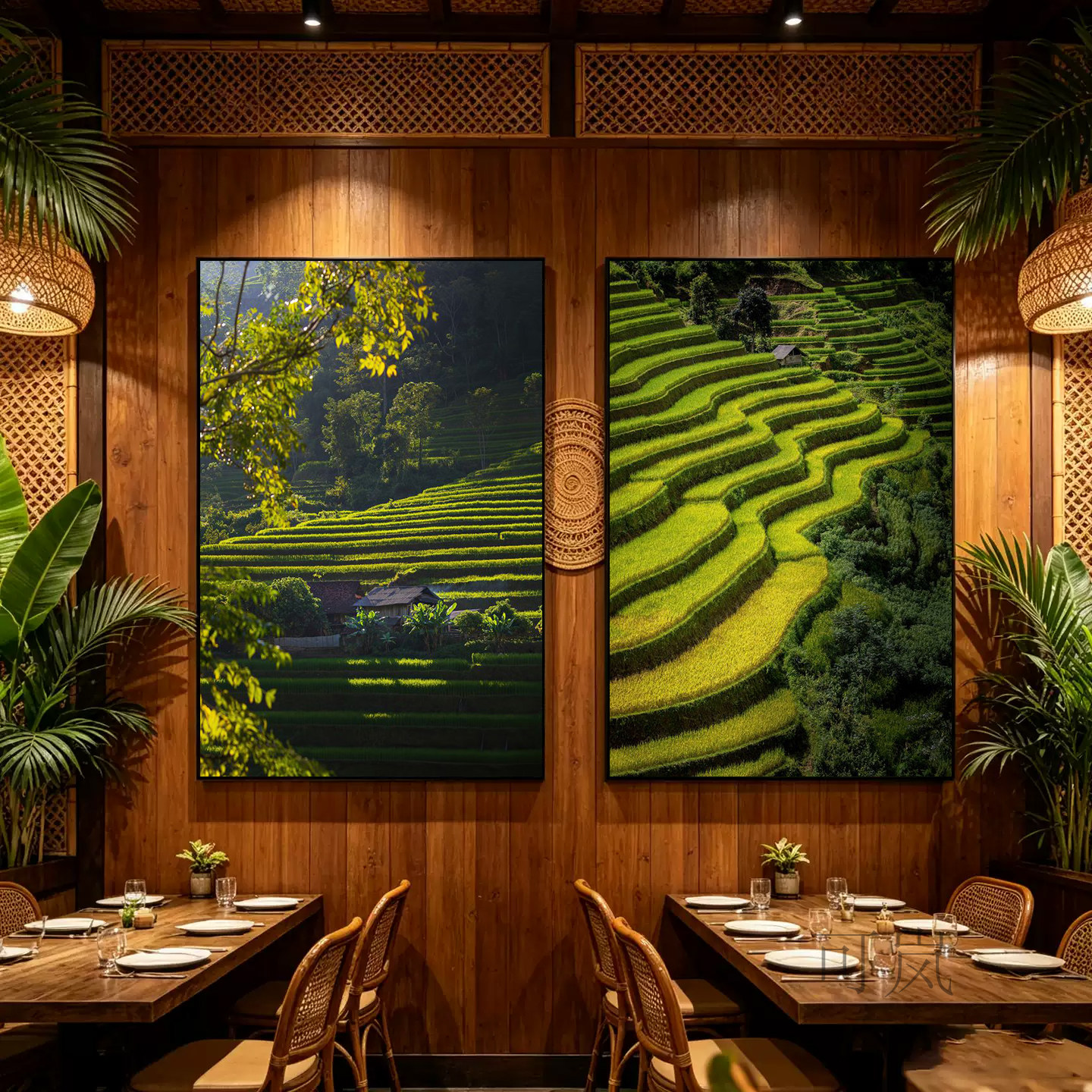 梯田装饰画东南亚民宿咖啡馆餐厅挂画越南奥黛斗笠女子日落风景画