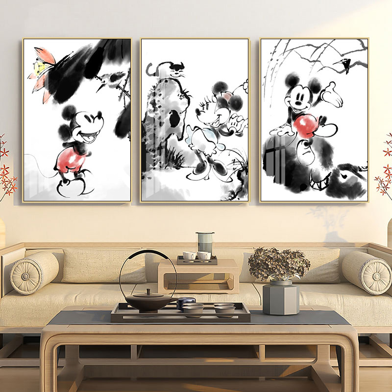 水墨风搞怪米奇装饰画儿童房间卡通挂画客厅餐厅书房茶室壁画
