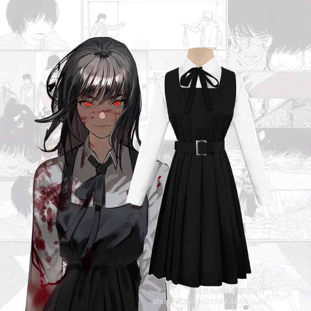 新款电锯人cos三鹰朝制服百褶裙cosplay链锯人战争恶魔黑红领结