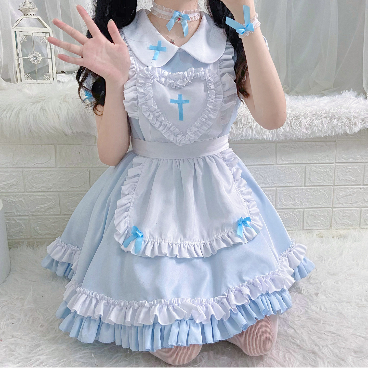 S-5XL日本软妹天蓝女十字架仆装Cosplay女佣裙女装大佬连衣裙