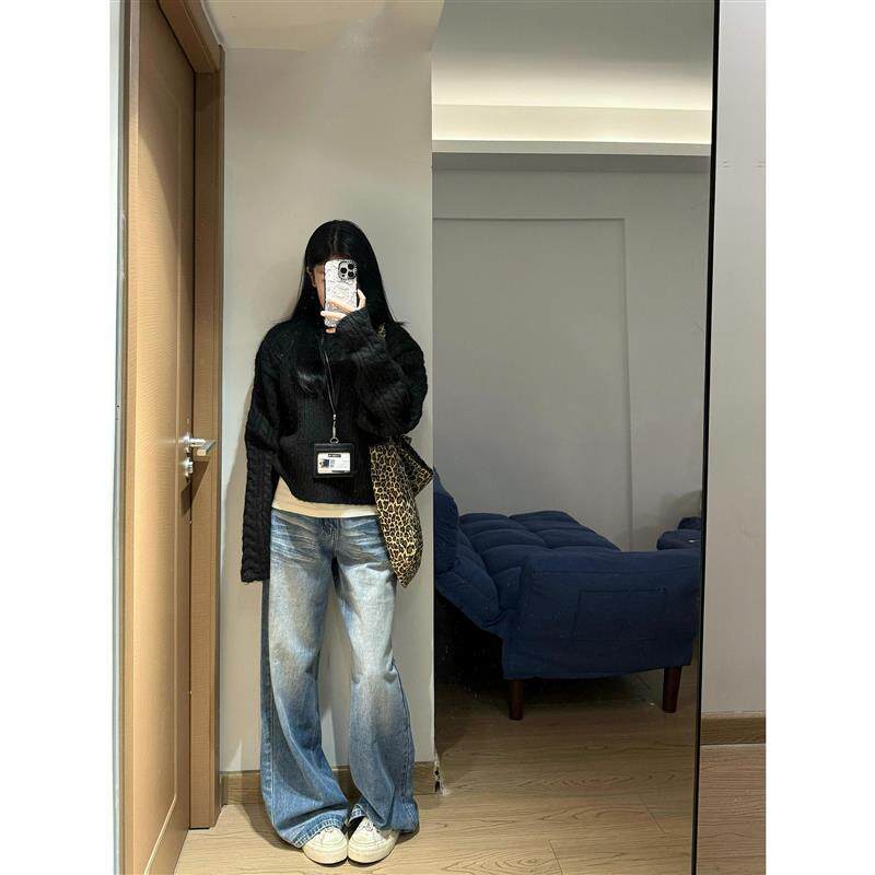 美式复古宽松直筒牛仔裤女2025秋季新款百搭高腰垂感阔腿拖地裤子