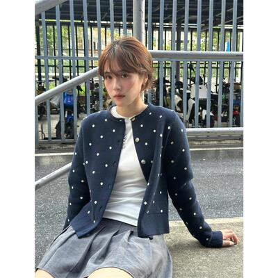SAME OLD藏蓝色新款复古波点满印毛衣针织开衫女外套百搭显瘦上衣