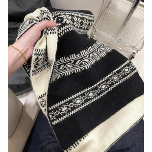 双面针织黑色围巾女冬季韩系氛围感加厚保暖高级感复古费尔岛围脖