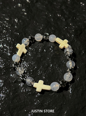 黑曜石拼接十字架手链