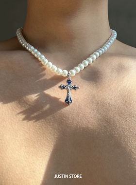 原创设计百搭十字架珍珠项链男