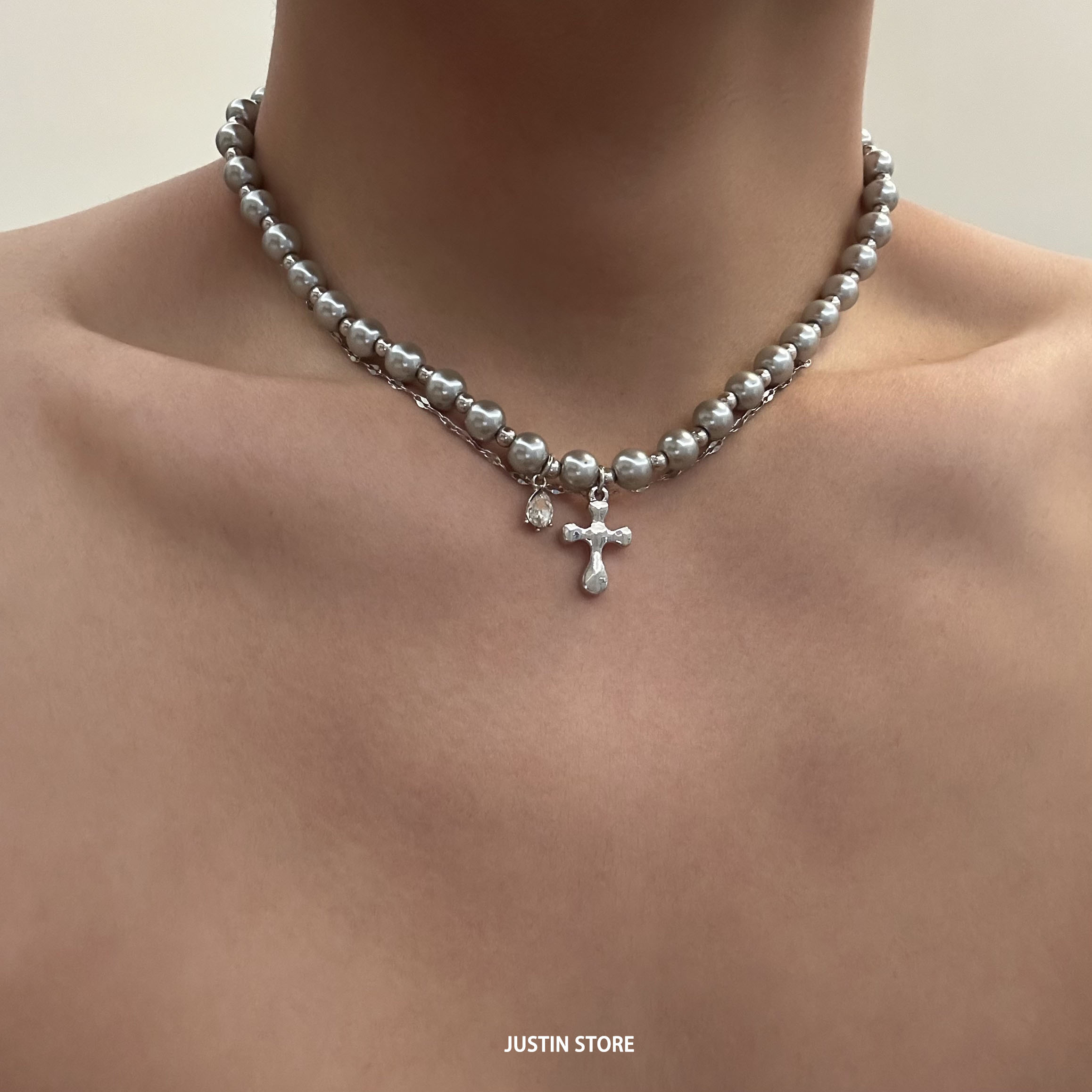 叠戴十字架水滴珍珠项链
