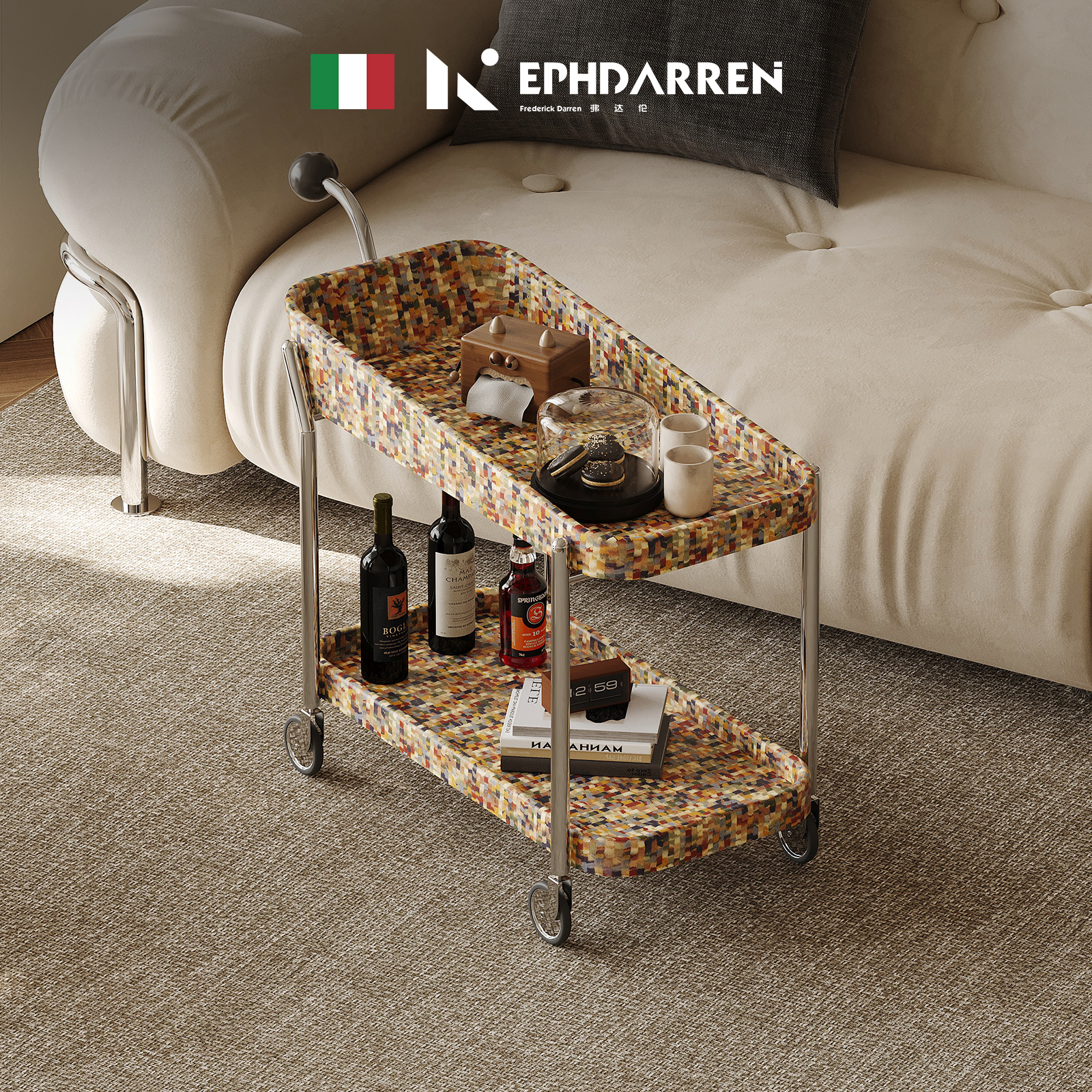 艺术彩虹小推车沙发边几可移动创意客厅餐车意式轻奢高级感设计师