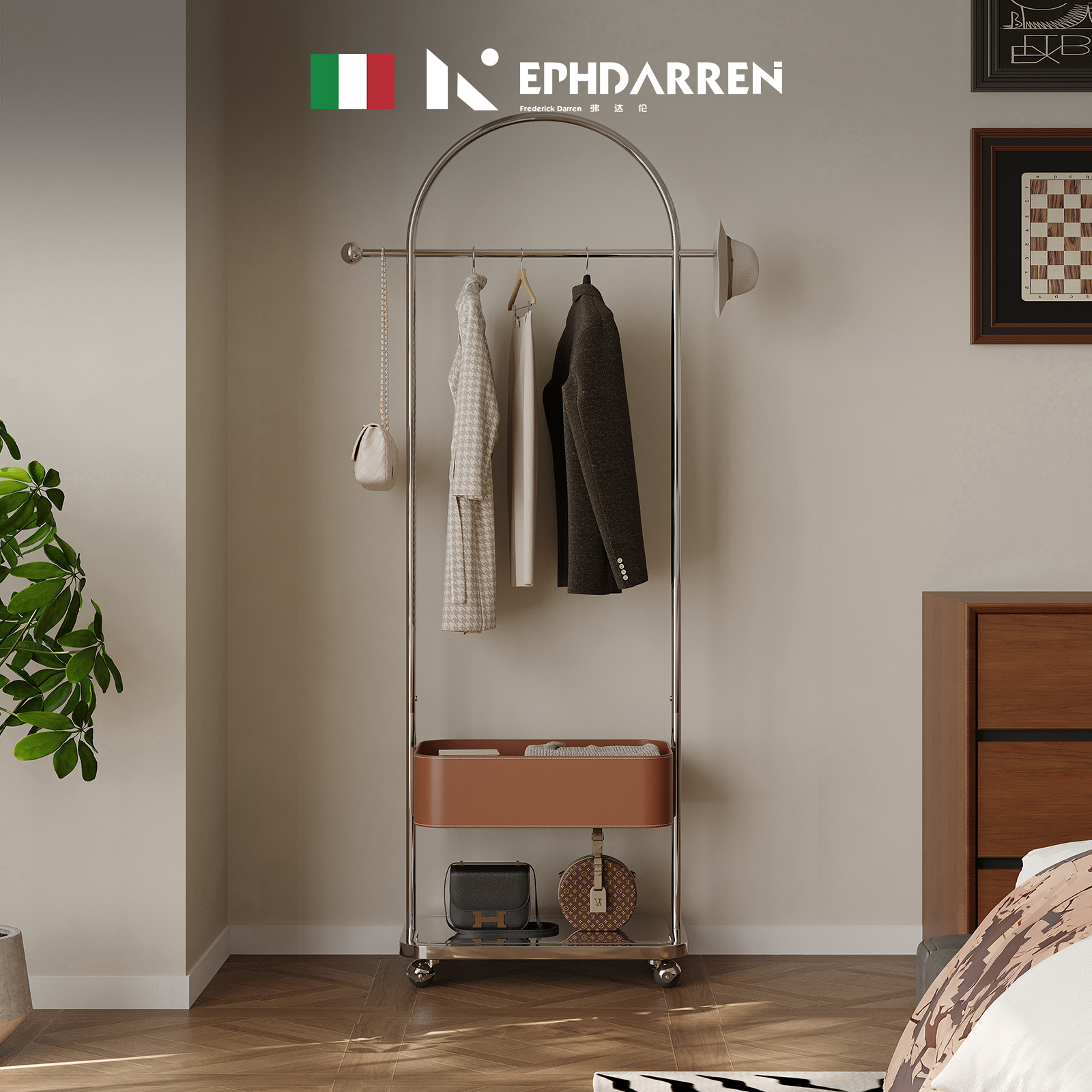 意式可移动衣帽架带篓马鞍皮不锈钢轻奢卧室落地家用全身镜挂衣架