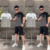 短袖 BXBM2025夏季 男 男士 圆领T恤条纹拼接时尚 新款 潮流ins休闲半袖