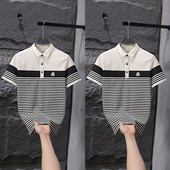 新款 上衣男士 短袖 2025年夏季 时尚 休闲商务拼接条纹POLO衫 翻领半袖