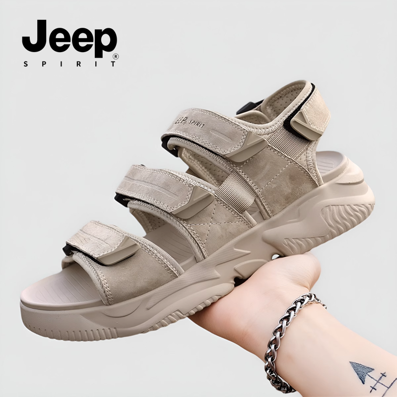 jeep沙滩鞋男2025新款青少年真皮夏季外穿男士凉鞋男款男式男生夏