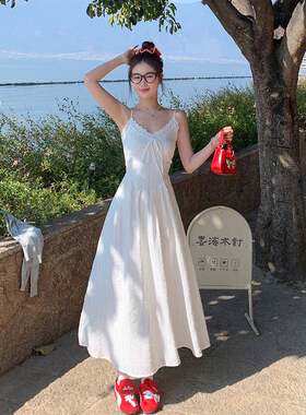 汤圆不圆法式温柔风白色吊带连衣裙女夏外穿2025新款流行爆款长裙