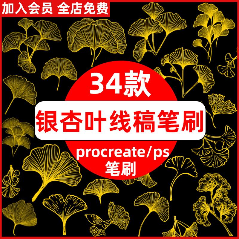 ps笔刷procreate笔刷银杏叶子植物秋季风景插画树叶飘落装饰线稿图片