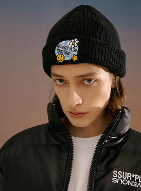 Ravenous原创设计地球笑脸刺绣冷帽粗线针织帽毛线帽男女乃万同款