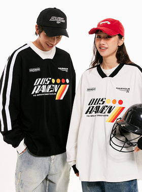 【赖美云同款】Ravenous赛车风V领撞色长袖T恤男女同款情侣宽松