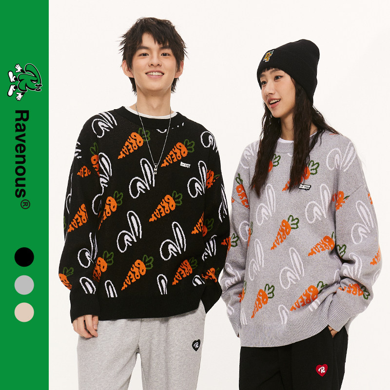 Ravenous兔耳朵胡萝卜针织毛衣男女宽松圆领针织衫,男装,针织衫/毛衣,淘宝优惠券,粉丝福利购,淘宝优惠卷