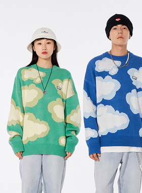 Ravenous云朵圆领套头毛衣男女宽松蓝天白云针织衫严浩翔同款