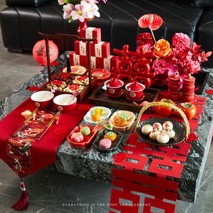 婚房布置新中式结婚茶几装饰摆件台装扮客厅高级感喜字敬茶全套装