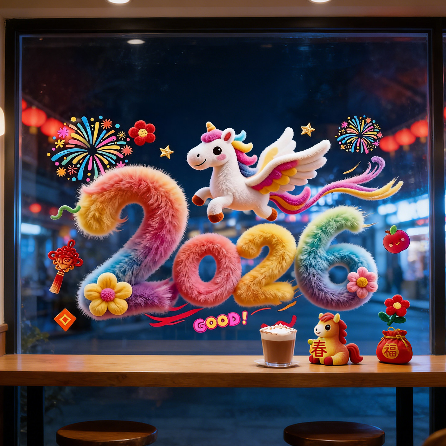 新年窗花静电贴2026新款马年高档立体毛绒橱窗贴纸玻璃大门贴墙贴