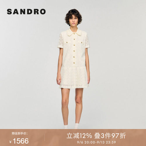 SANDRO Outlets女装法式时尚气质小花边娃娃领百褶短袖连衣裙