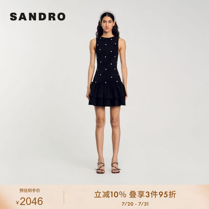 SANDRO Outlets2024春秋款女装法式黑色无袖针织连衣裙SFPRO03974