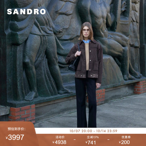 SANDRO Outlets女装法式迪木尔风羊皮革翻领铆钉下摆落肩皮衣外套