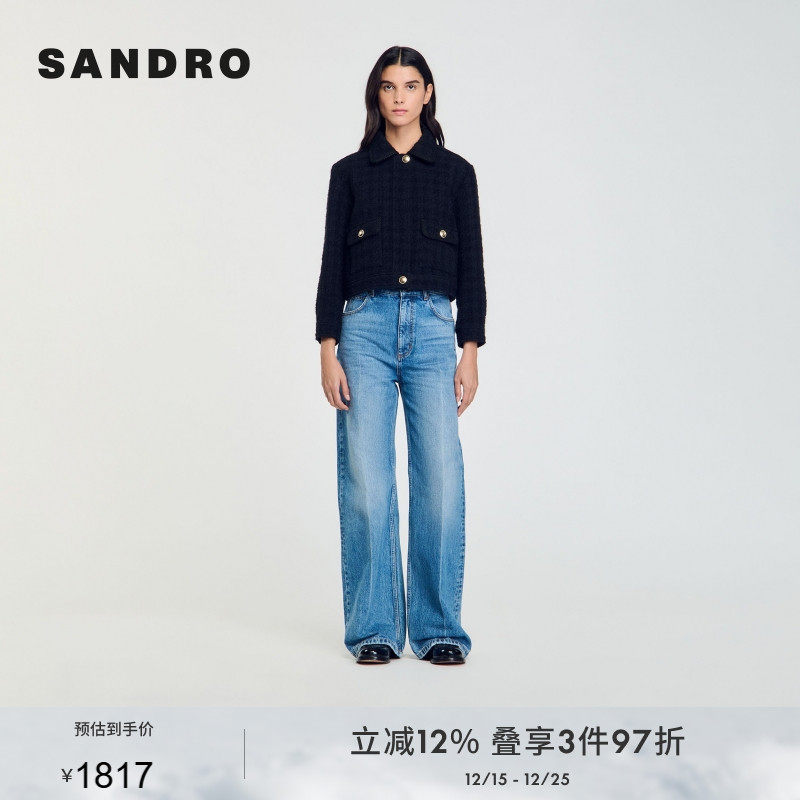 SANDRO Outlets秋冬女装法式优雅通勤黑色复古格纹花呢外套上衣