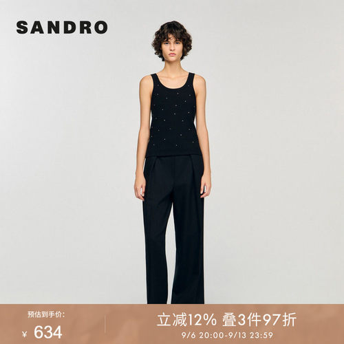 SANDRO Outlets女装法式时尚简约仿钻饰点缀短款针织吊带背心