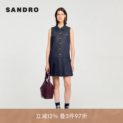 SANDRO Outlets女装法式时尚棉质深蓝色短款牛仔百褶连衣裙