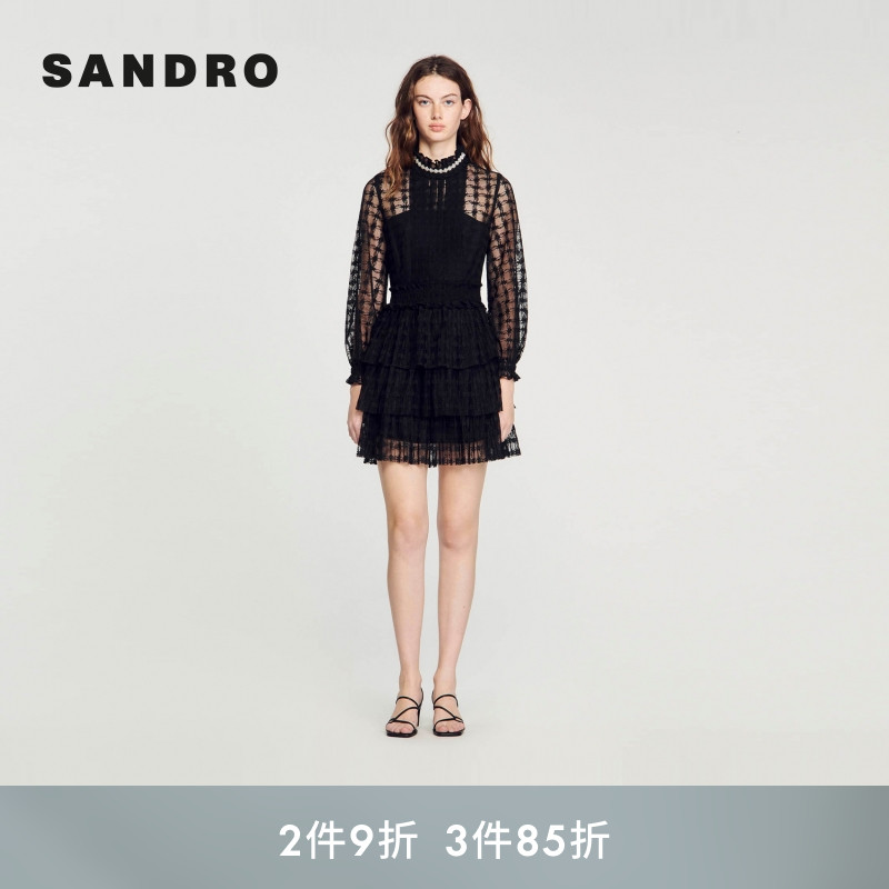 SANDRO高领荷叶边蕾丝连衣裙