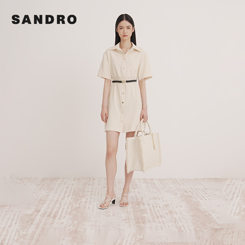SANDRO Outlets24春夏女装气质温柔风收腰翻领连衣裙SFPRO03597
