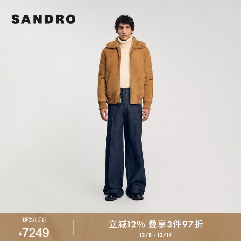 SANDROOutlets秋冬男装法式简约质感羊毛革驼色翻毛领夹克厚外套