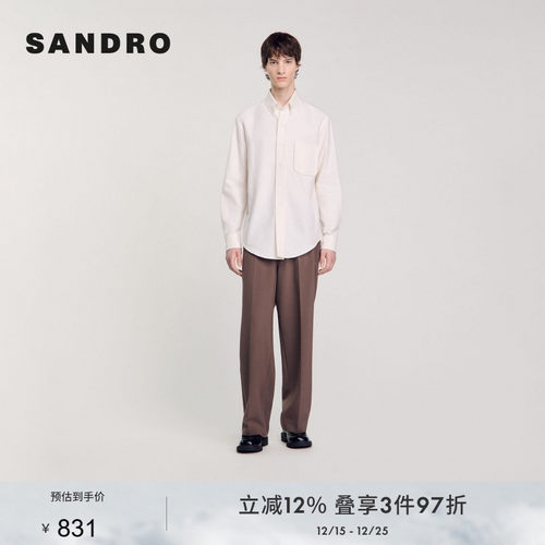 SANDRO Outlets秋冬男装法式时尚休闲棉质白色翻领短款长袖衬衫