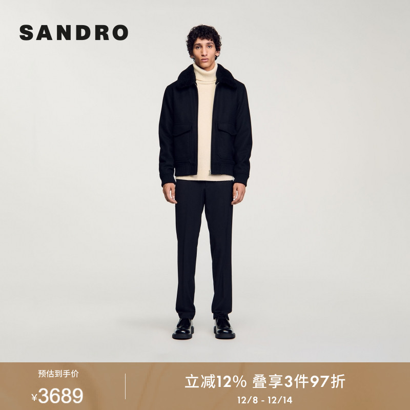SANDRO Outlets秋冬男装法式简约黑色毛质翻领拉链门襟夹克外套