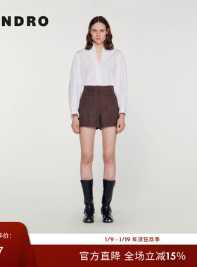 SANDRO Outlets秋冬女装法式气质复古粗花呢红棕色高腰直筒短裤