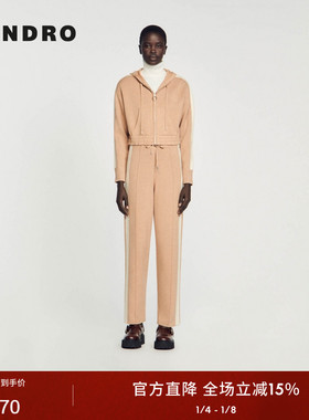 SANDRO Outlets秋冬女装休闲通勤驼色拉链连帽纯色短款针织上衣