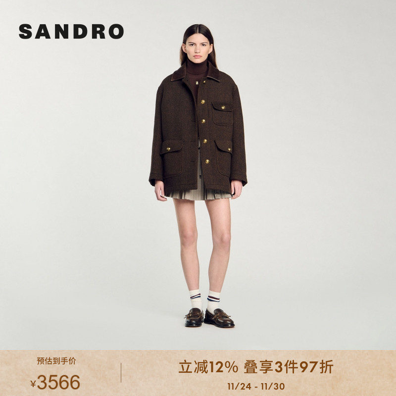 SANDRO Outlets秋冬女装法式气质复古棕黄色拼接皮革翻领毛呢外套