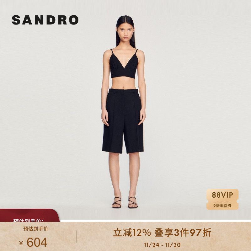 SANDRO Outlets春夏女装法式时尚休闲黑色压褶直筒西装五分裤短裤