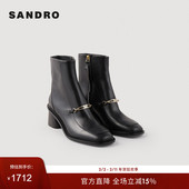 SANDRO Outlets秋冬女士法式 通勤复古牛皮革黑色方头粗中跟短靴