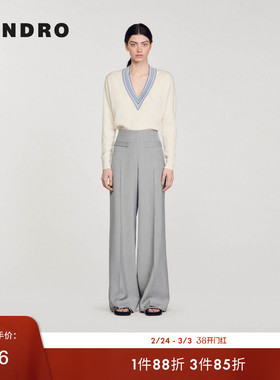 SANDRO Outlets秋冬女装法式口袋盖拉链浅灰色垂感高腰阔腿长裤